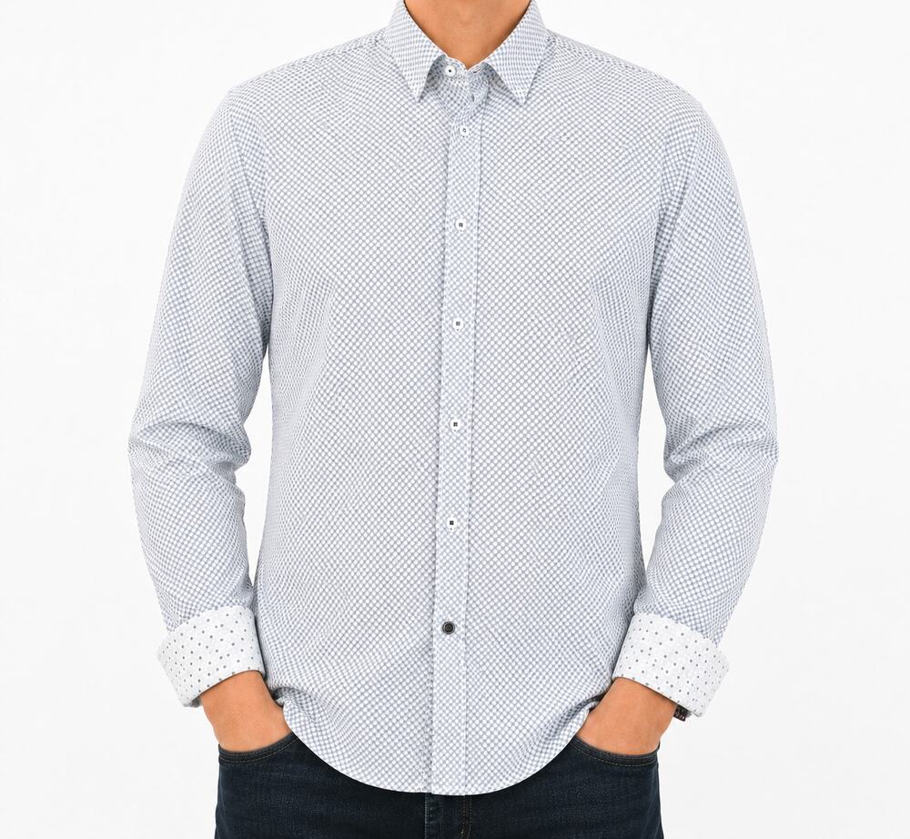 English Laundry Performance Shirt Men Large Blue White Pocket Stretch Flip Cuffs